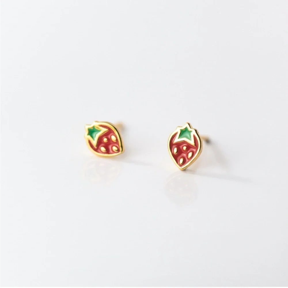 Gold Sterling Silver Strawberry Dainty Minimalist Stud Post Earrings - Picture 4 of 5